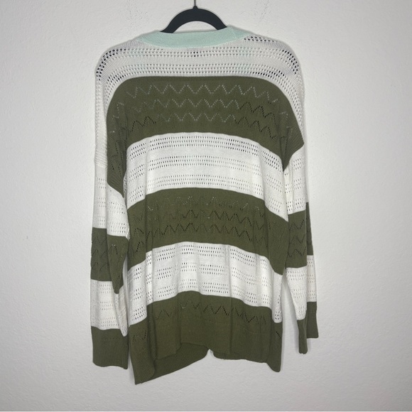 Talbots Green and White Mint Open Knit Cardigan Tipped Pointelle Size 1X - Picture 4 of 7
